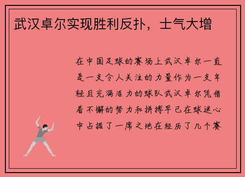 武汉卓尔实现胜利反扑，士气大增