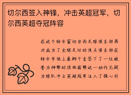 切尔西签入神锋，冲击英超冠军，切尔西英超夺冠阵容