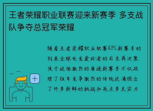 王者荣耀职业联赛迎来新赛季 多支战队争夺总冠军荣耀
